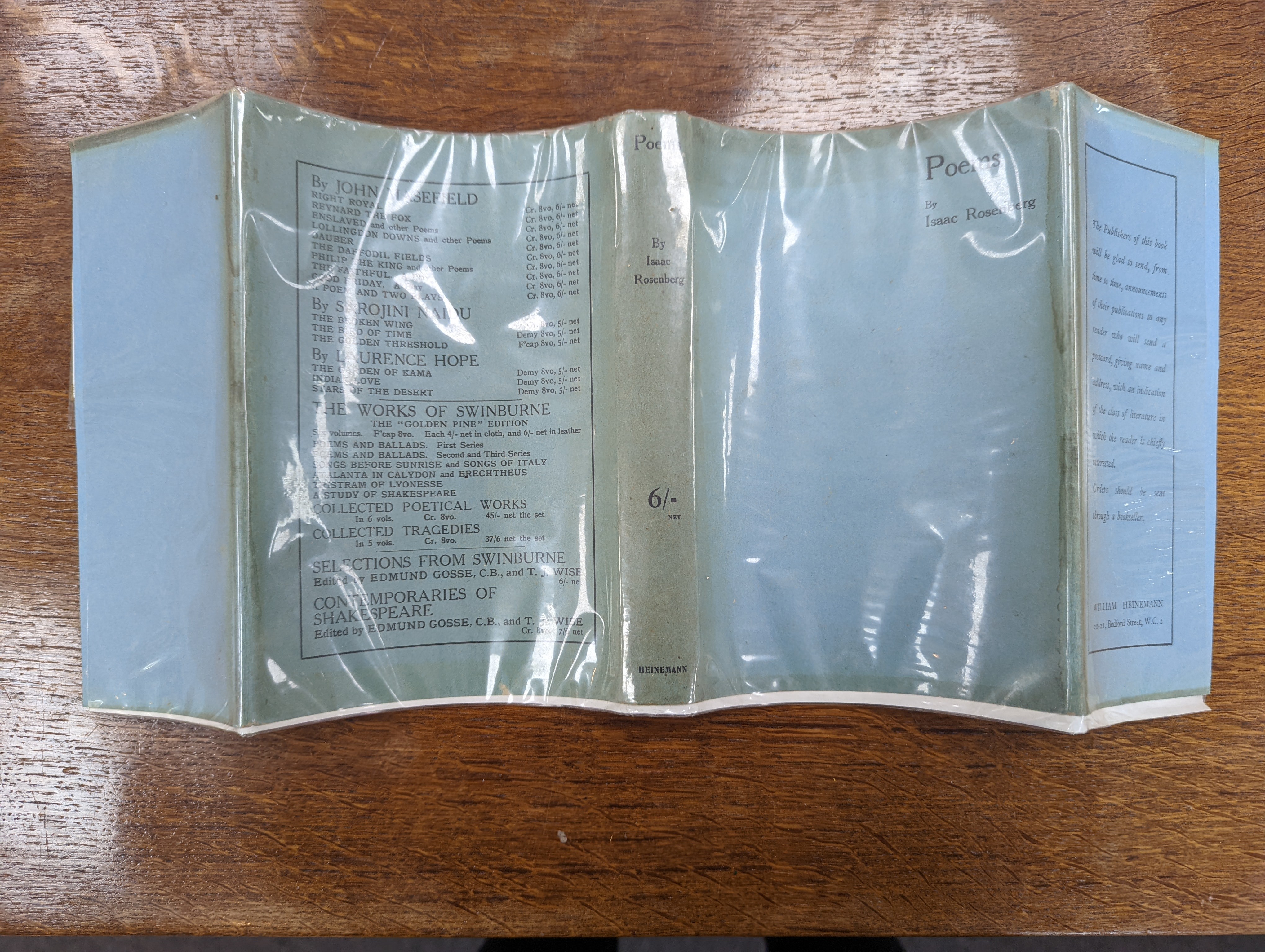 Rosenberg, Isaac [and] Bottomley, Gordon [ed.] - Poems by Isaac Rosenberg. 1st ed. Complete with frontispiece. Publishers cloth with title label on spine and original d/j. 8vo. William Heinemann, London, 1922.